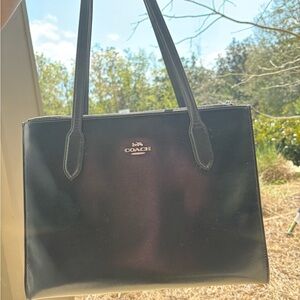 Coach Black Leather Tote with Polished Logo